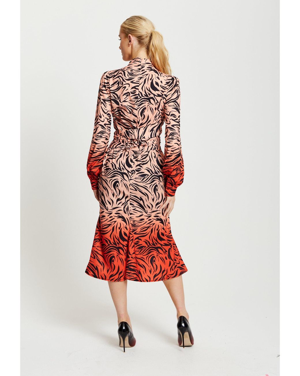 Liquorish Red Zebra Print Midi Dress With High Neck & Draped Waist Detail
