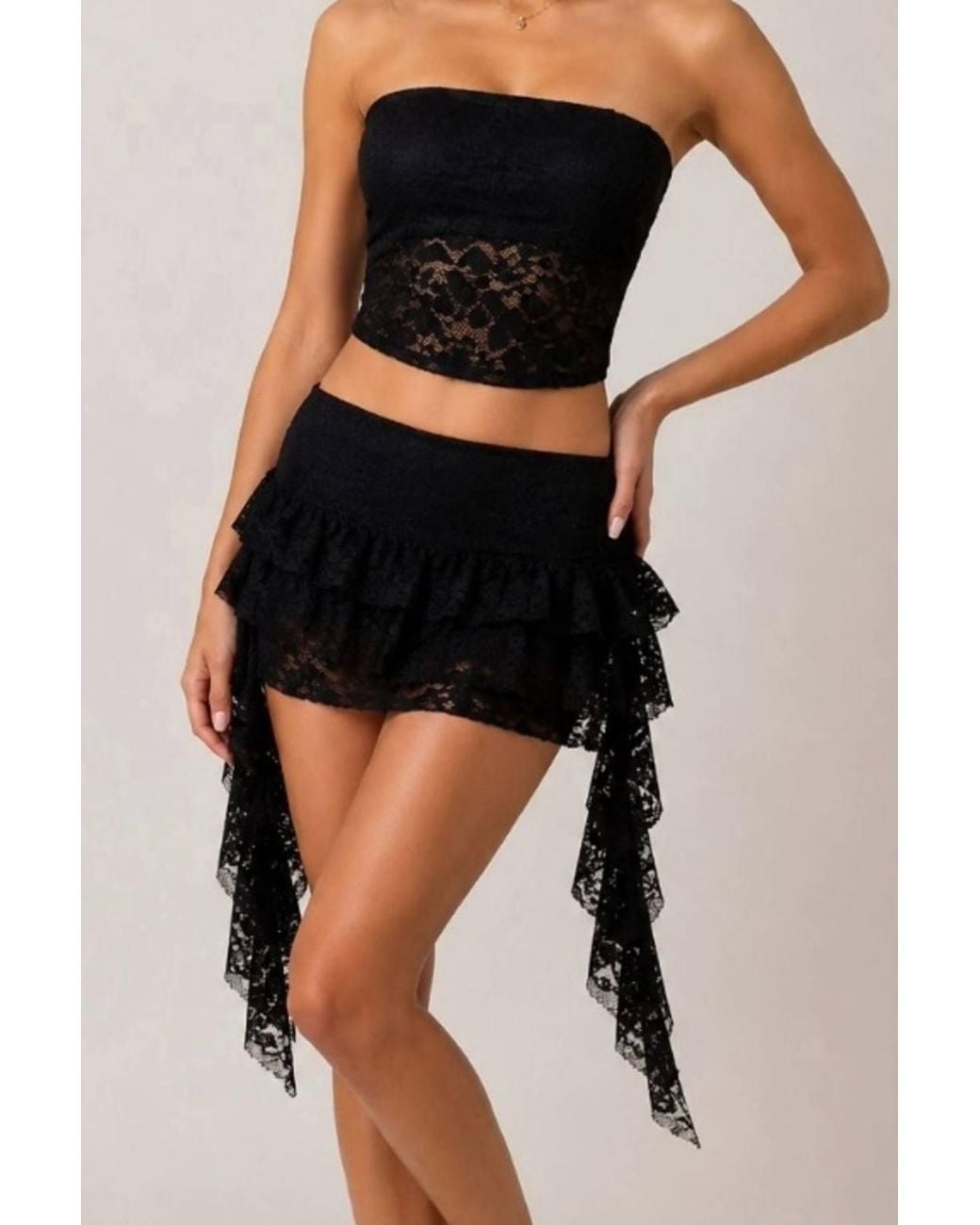 Stylewise Black Lace Tube Top & Ruffle Mini Skirt