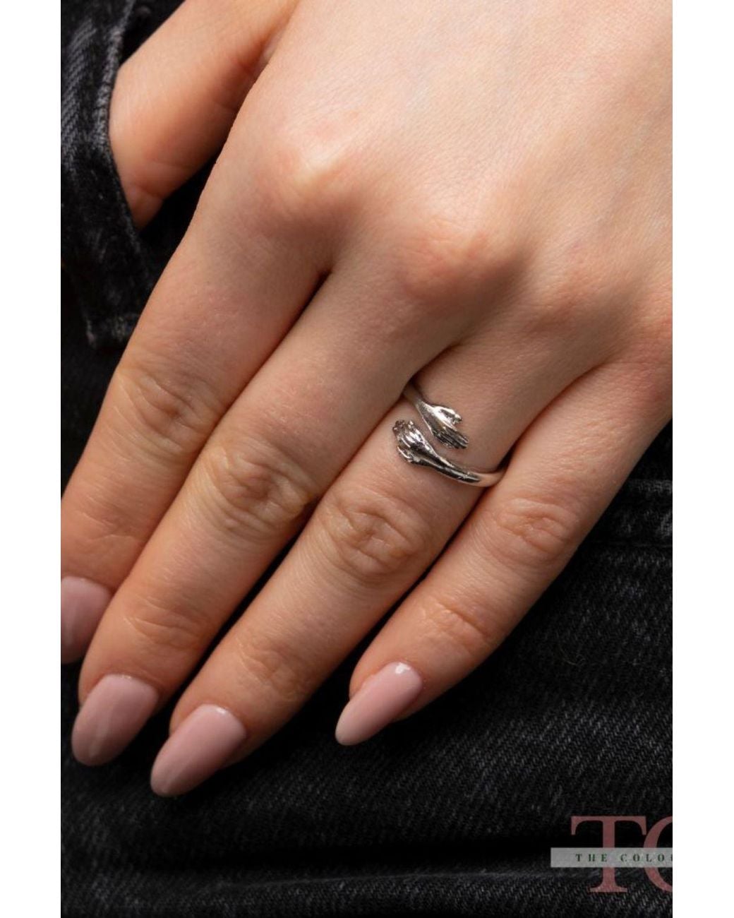 The Colourful Aura Metallic Love Hugging Hand Couple Stackable Adjustable Love Ring