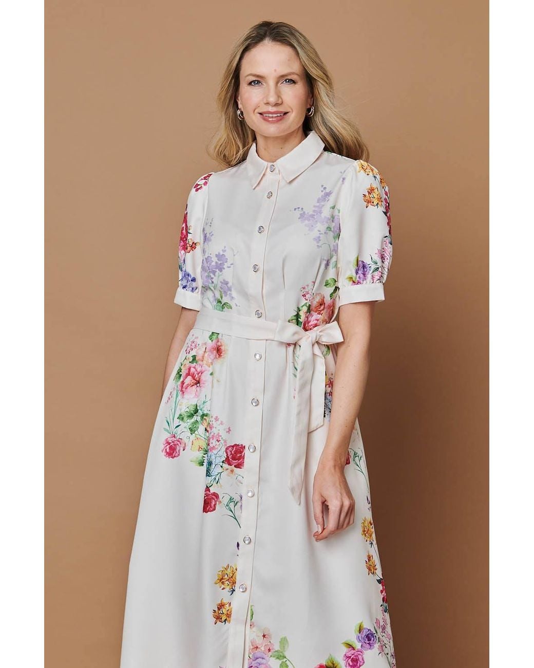 Izabel London Brown Floral 1/2 Sleeve Tie Waist Midi Dress