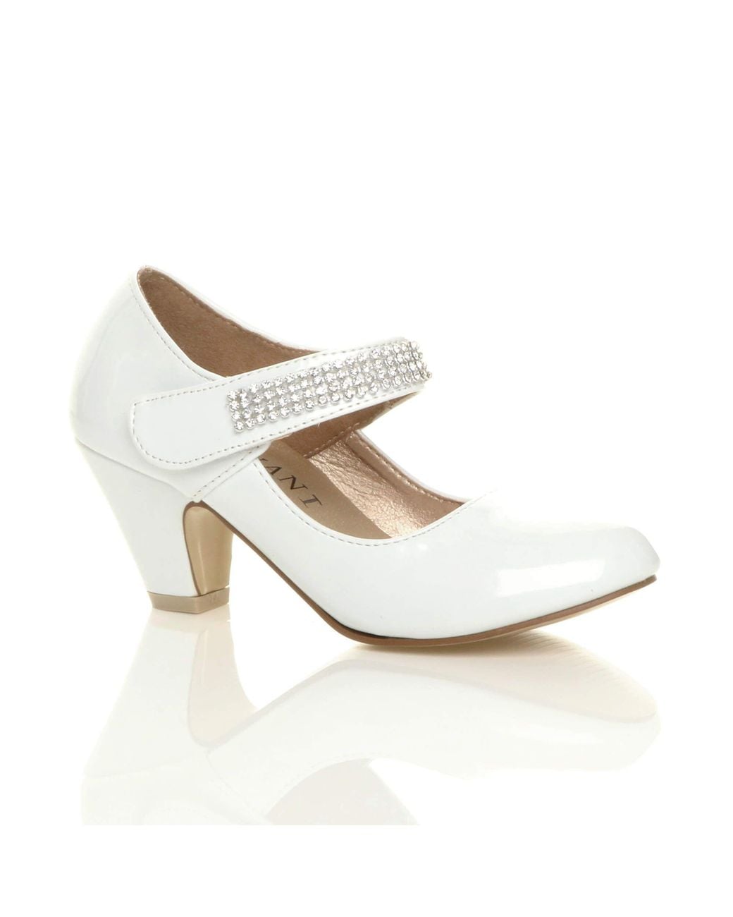 AJVANI White Mid Block Heel Patent Mary Janes