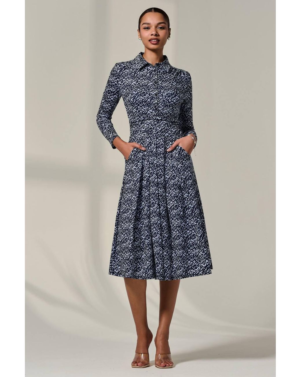 Jolie Moi Blue Long Sleeve Button Up Midi Dress