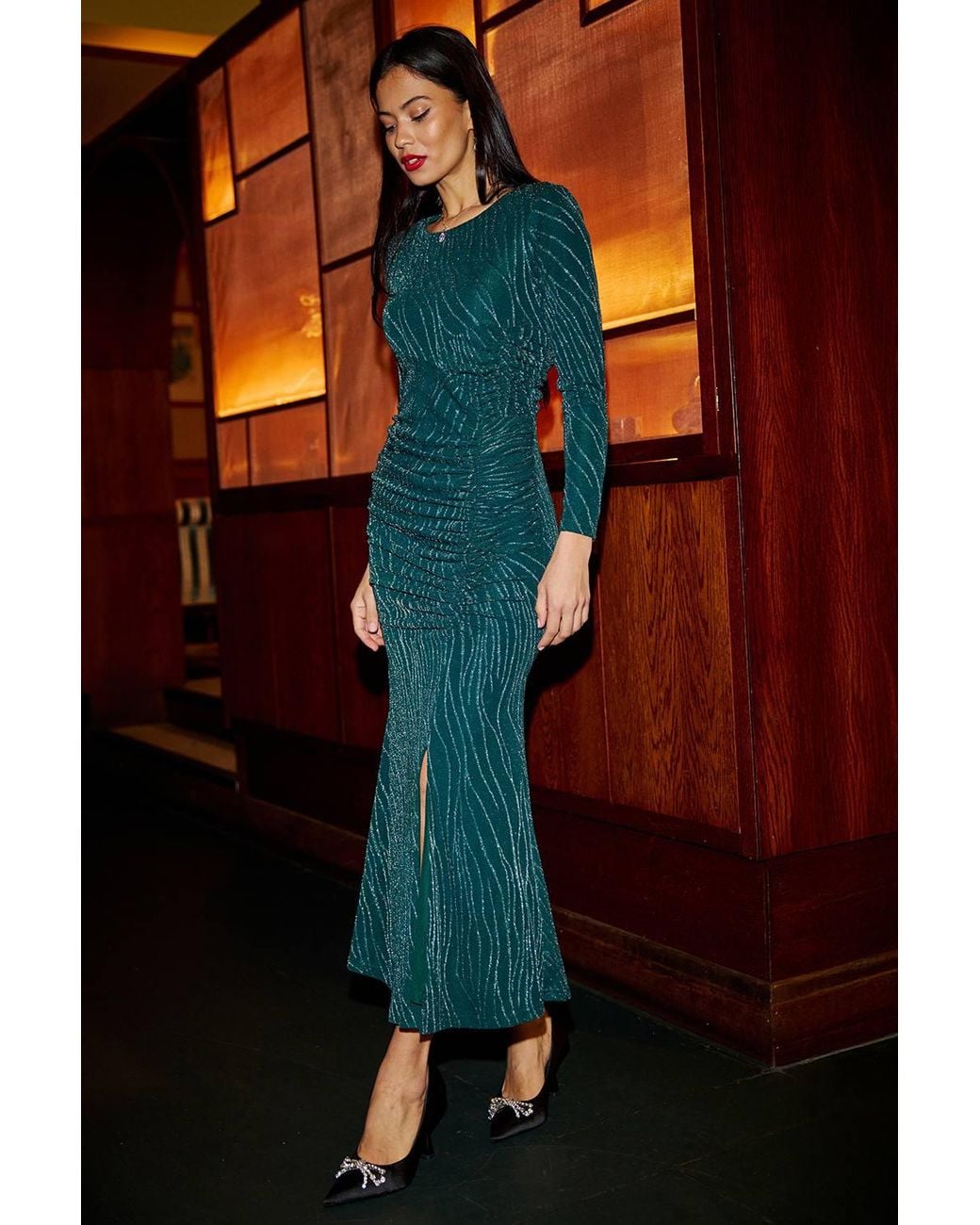 Yumi' Blue Mesh Fitted Ruched Midi Dress With Long Sleeves