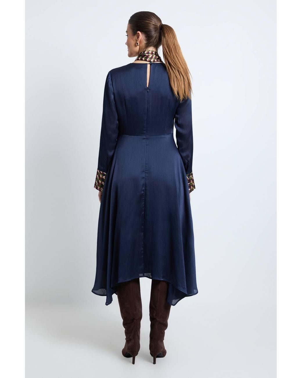 Wallis Blue Geo Satin Tie Neck Midi Dress