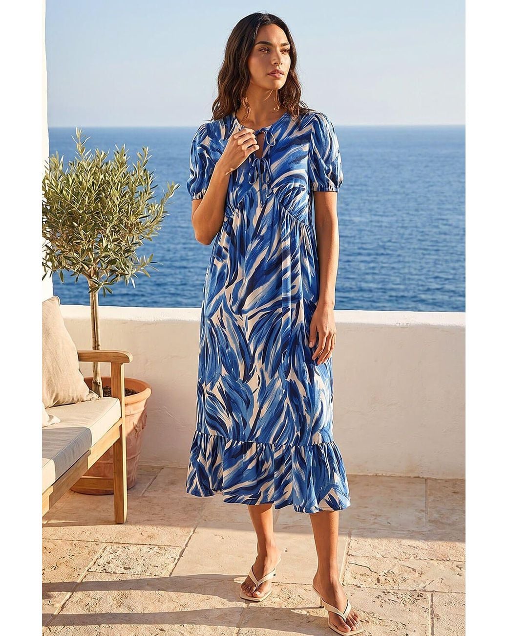 Roman Blue Abstract Print Tie Front Smock Dress