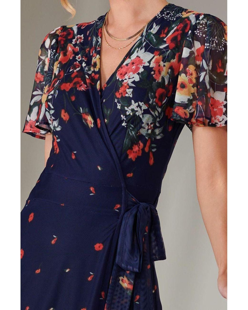 Jolie Moi Blue Mirror Print Mesh Wrap Maxi Dress