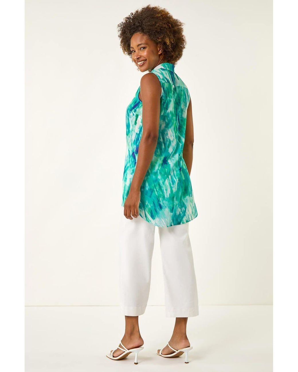 Roman Blue Abstract Print Button Longline Blouse