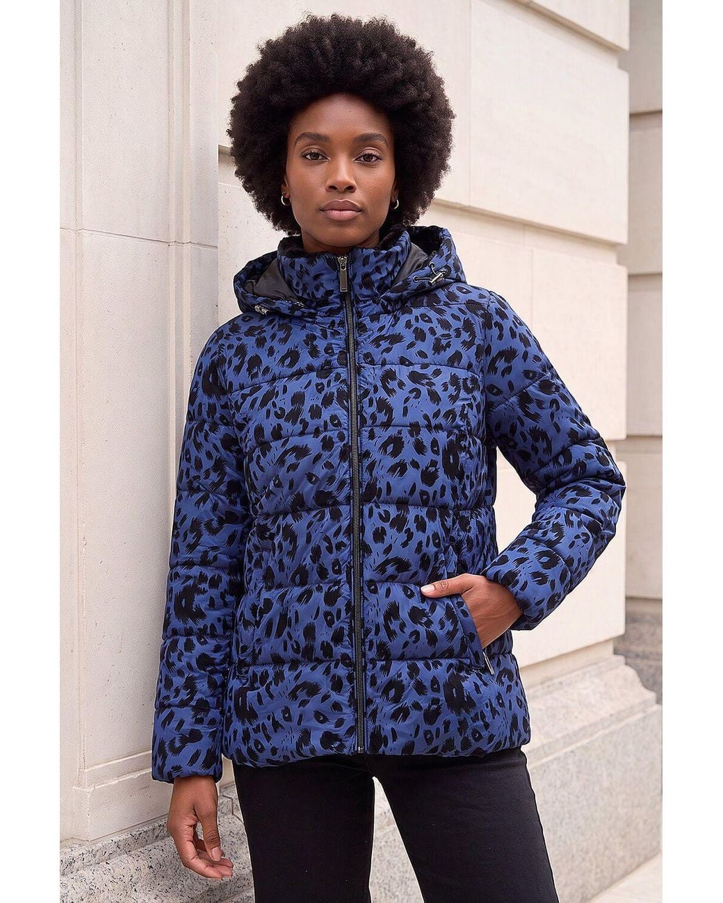Roman Blue Animal Print Flocked Hooded Coat