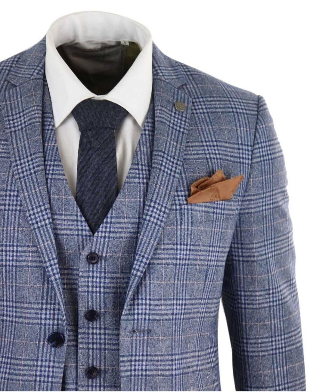 Infinity Leather Blue 3 Piece Tweed Check Vintage Retro Suit for men