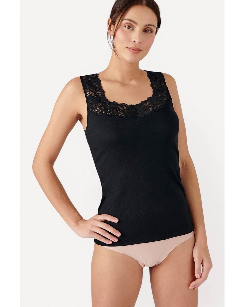 DAMART Black Sleeveless Thermolactyl T-Shirt Lace Trim Regular Length Jersey
