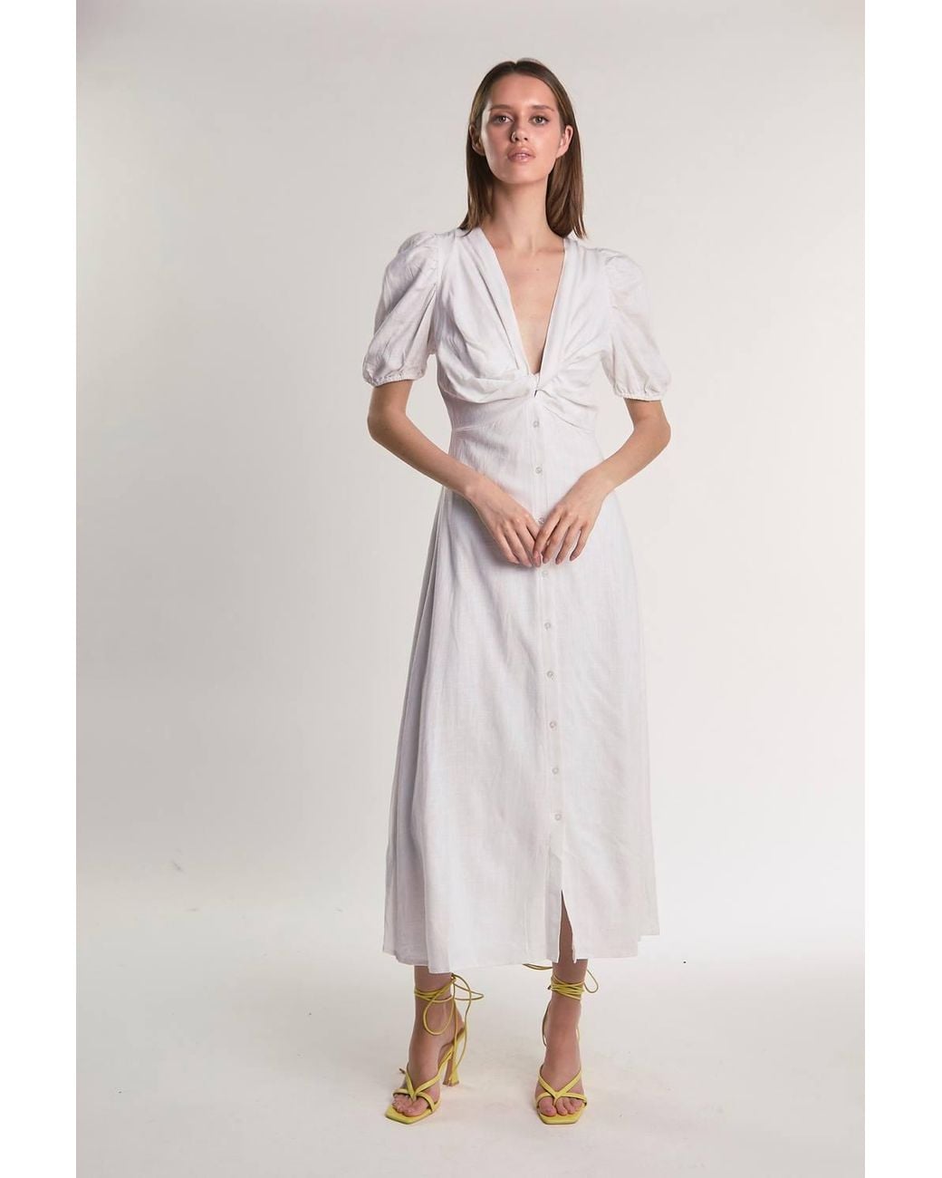Shnoo Natural Off Button-Front-Twist Midi-Dress