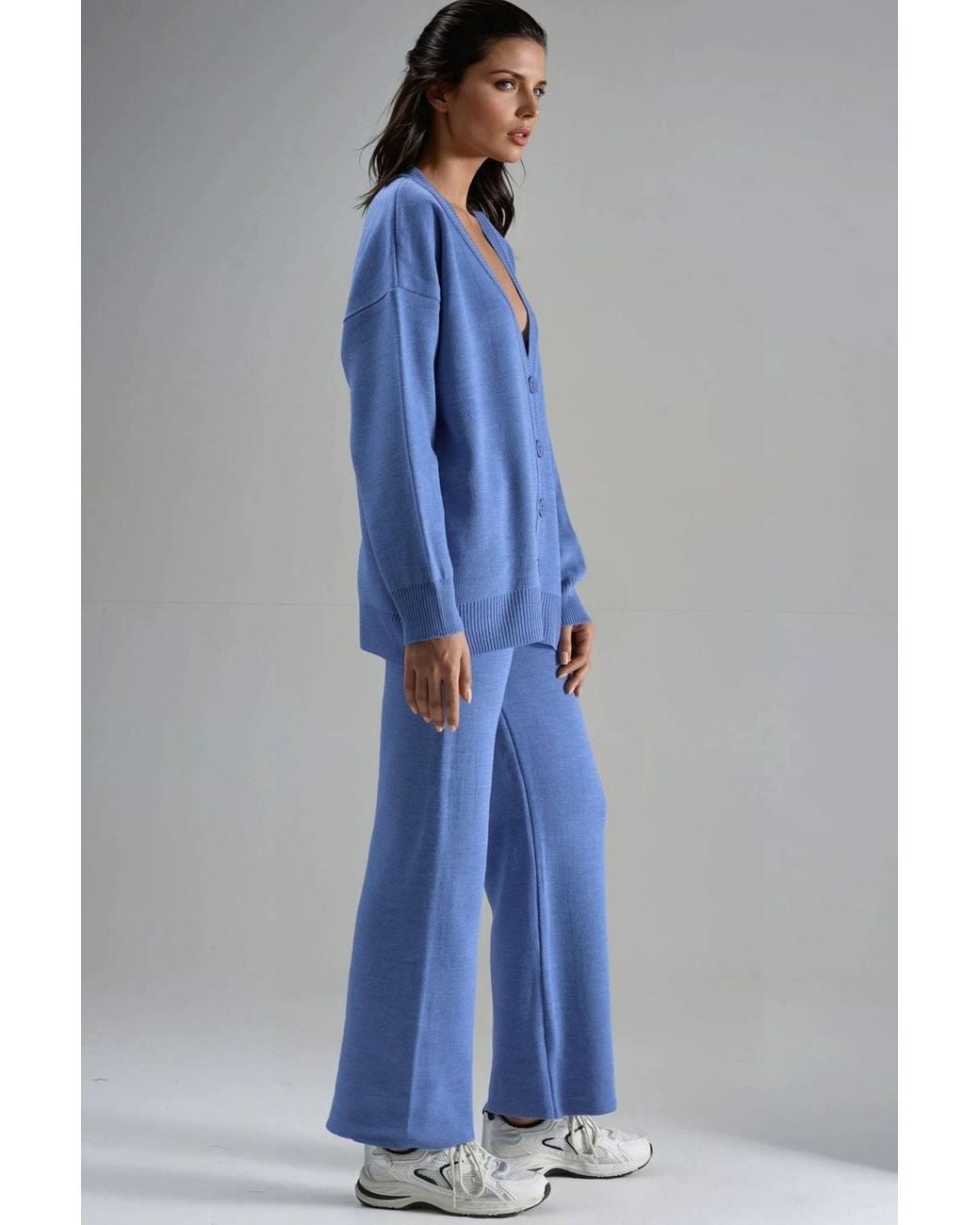 My Fashion Blue V-Neck Cardigan & Wide Leg Pants Knitwear Set