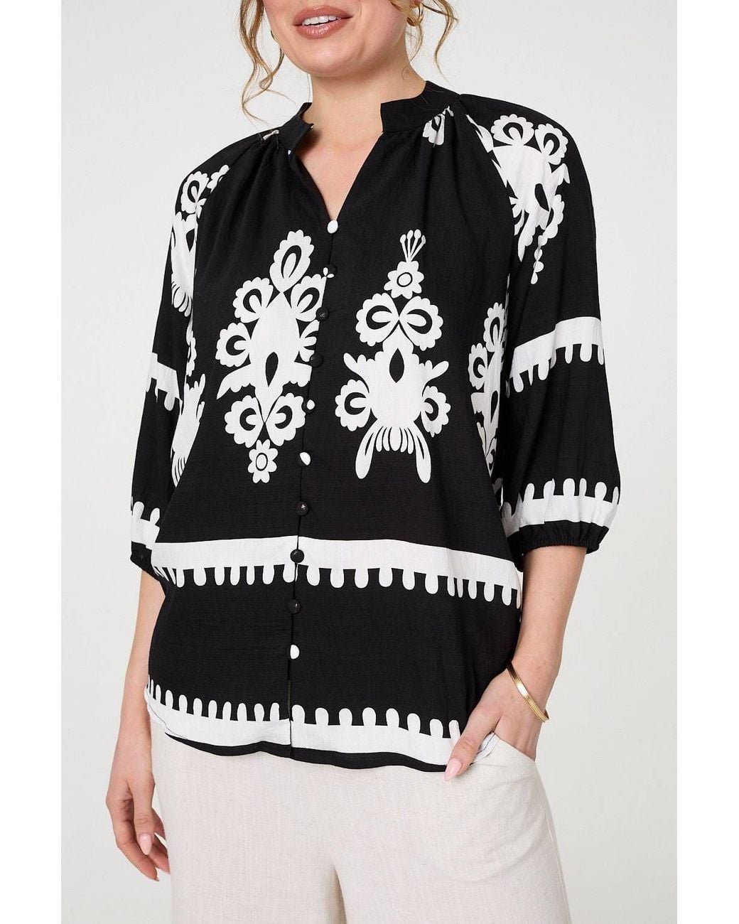 Izabel London Black Ikat Print 3/4 Sleeve Relaxed Blouse