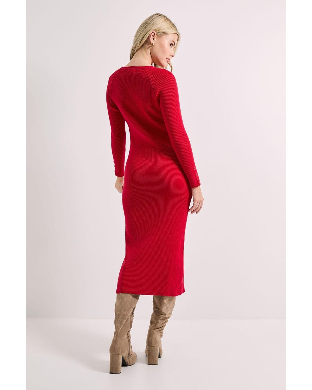 Dorothy Perkins Red Button Cuff Slim Knitted Midi Dress