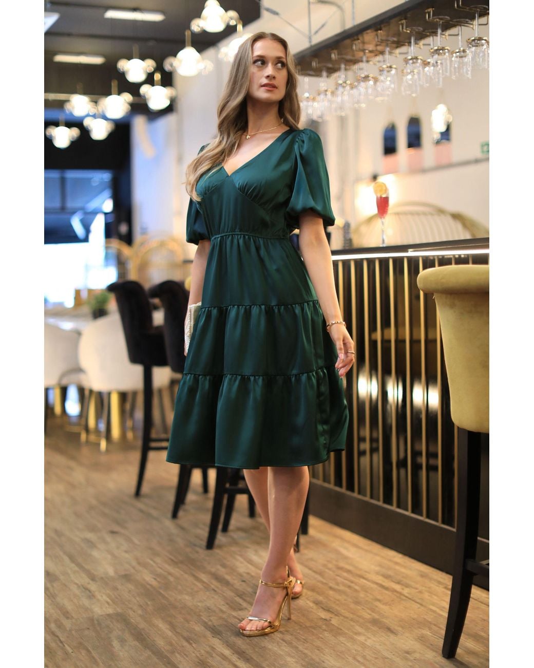 Double Second Black Satin Puff Sleeve V-Neck Tiered Dress