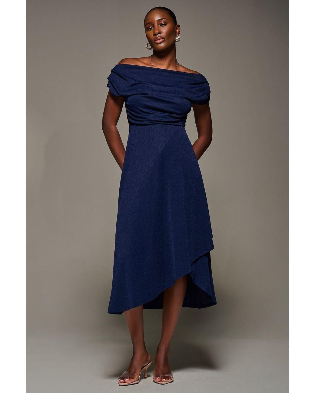 Jolie Moi Blue Draped Jersey Cowl Neck Midi Dress