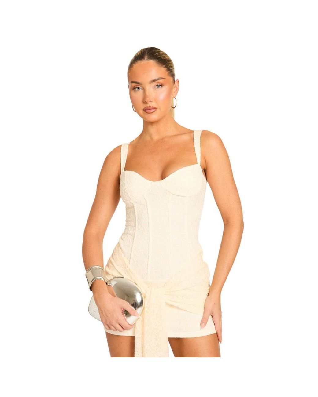 Rebellious Fashion Natural Lace Corset Detail Drape Mini Dress