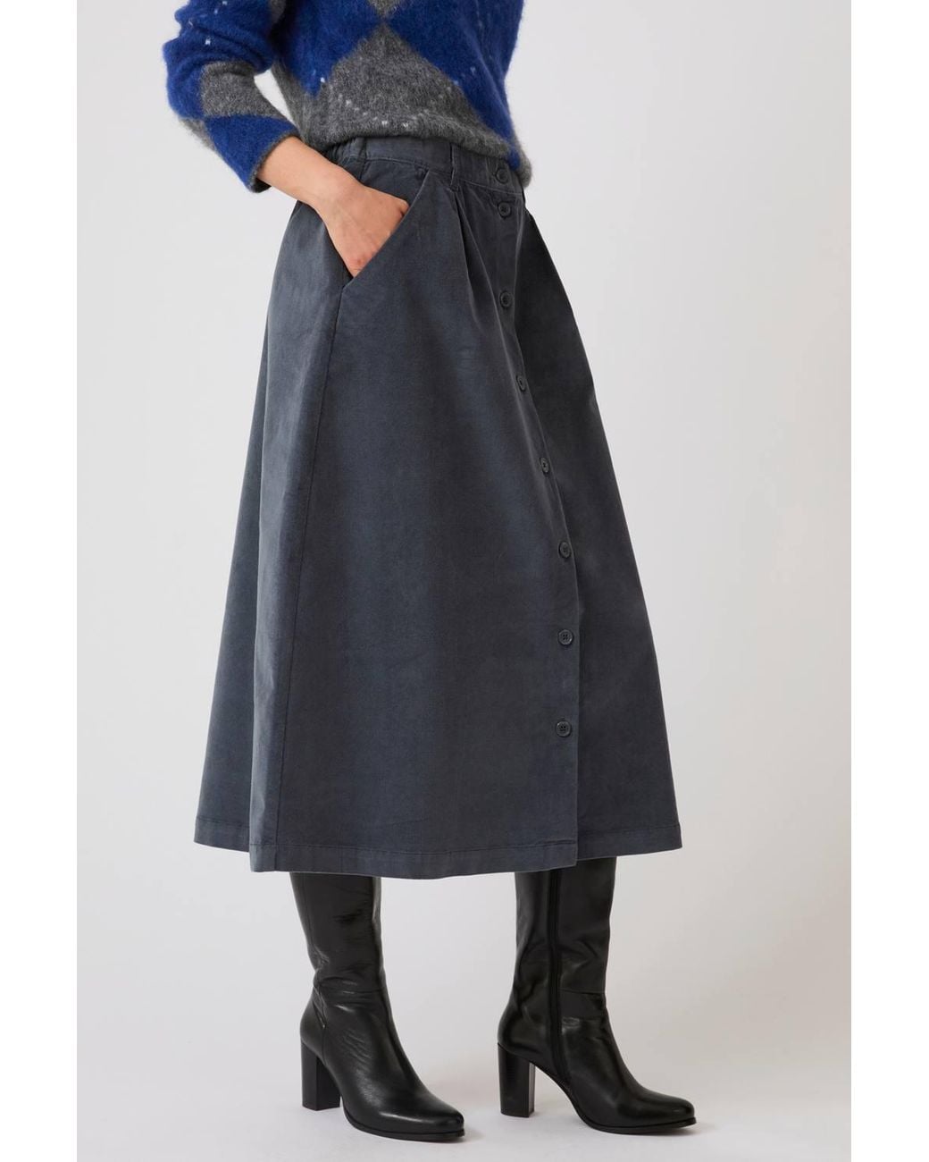 DAMART Blue Corduroy Button-Front Midi Skirt