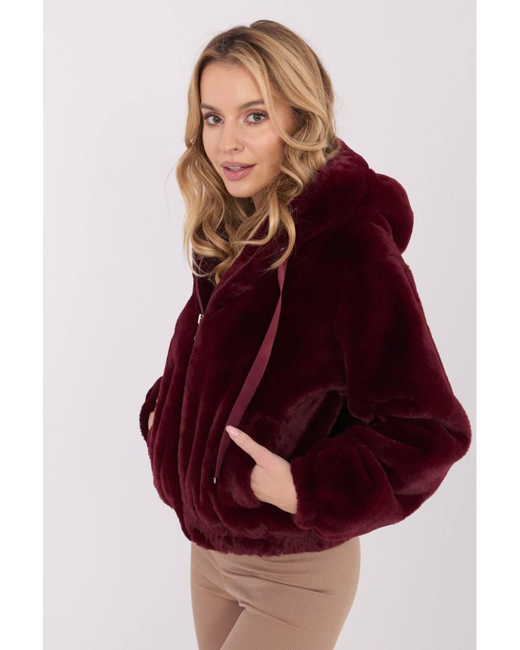 Love Lace Red Hooded Short Faux Fur Transitional Jacket Style 222106