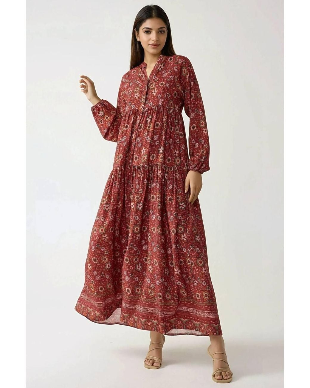 Hiccup Red Printed V-Neck Maxi Dress With Buttons