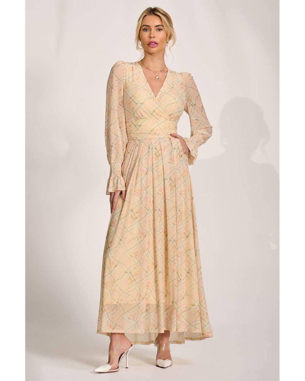 Jolie Moi Natural Long Sleeve V Neck Mesh Maxi Dress