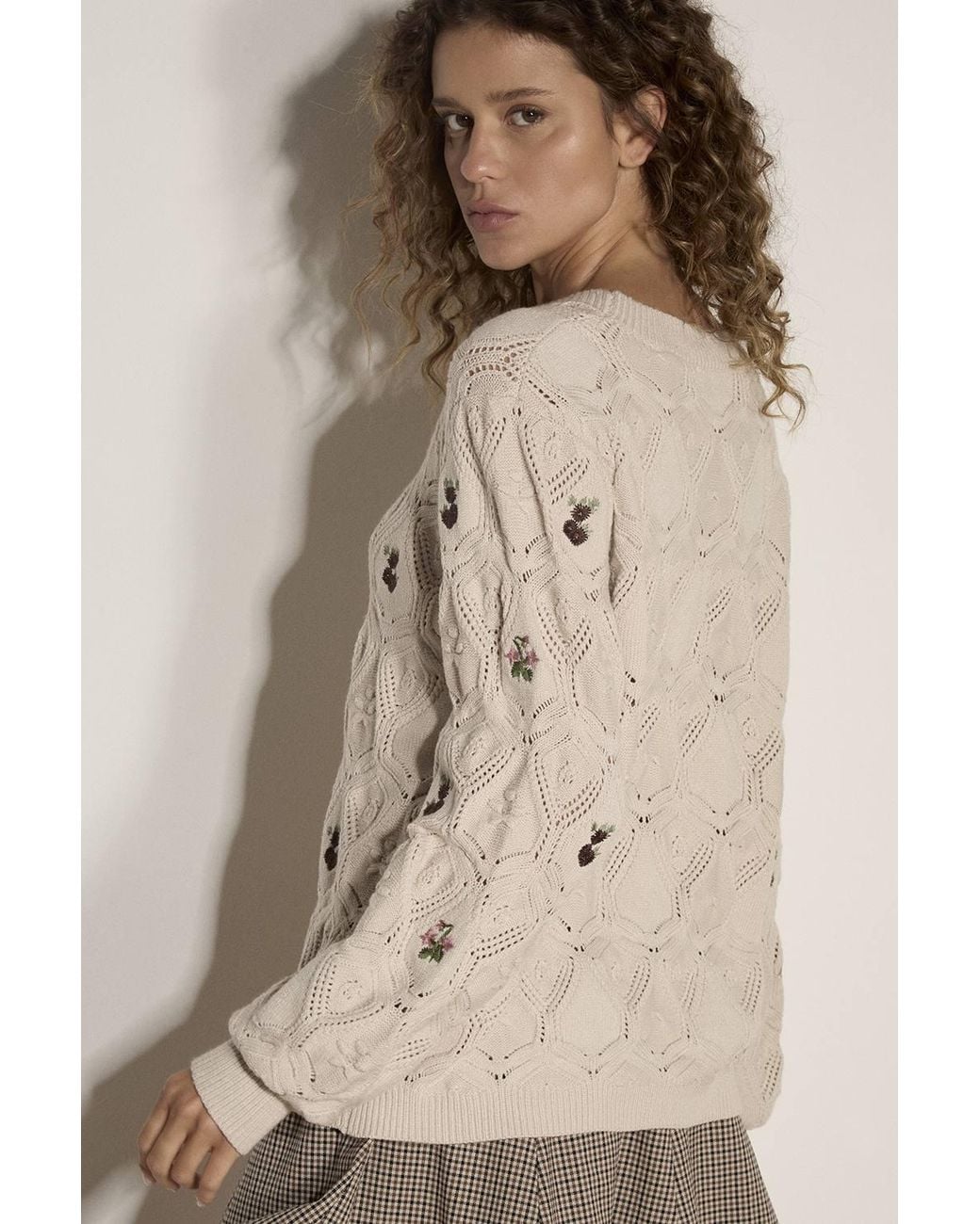 Apricot Natural Pointelle Knit Floral Embroidered Jumper