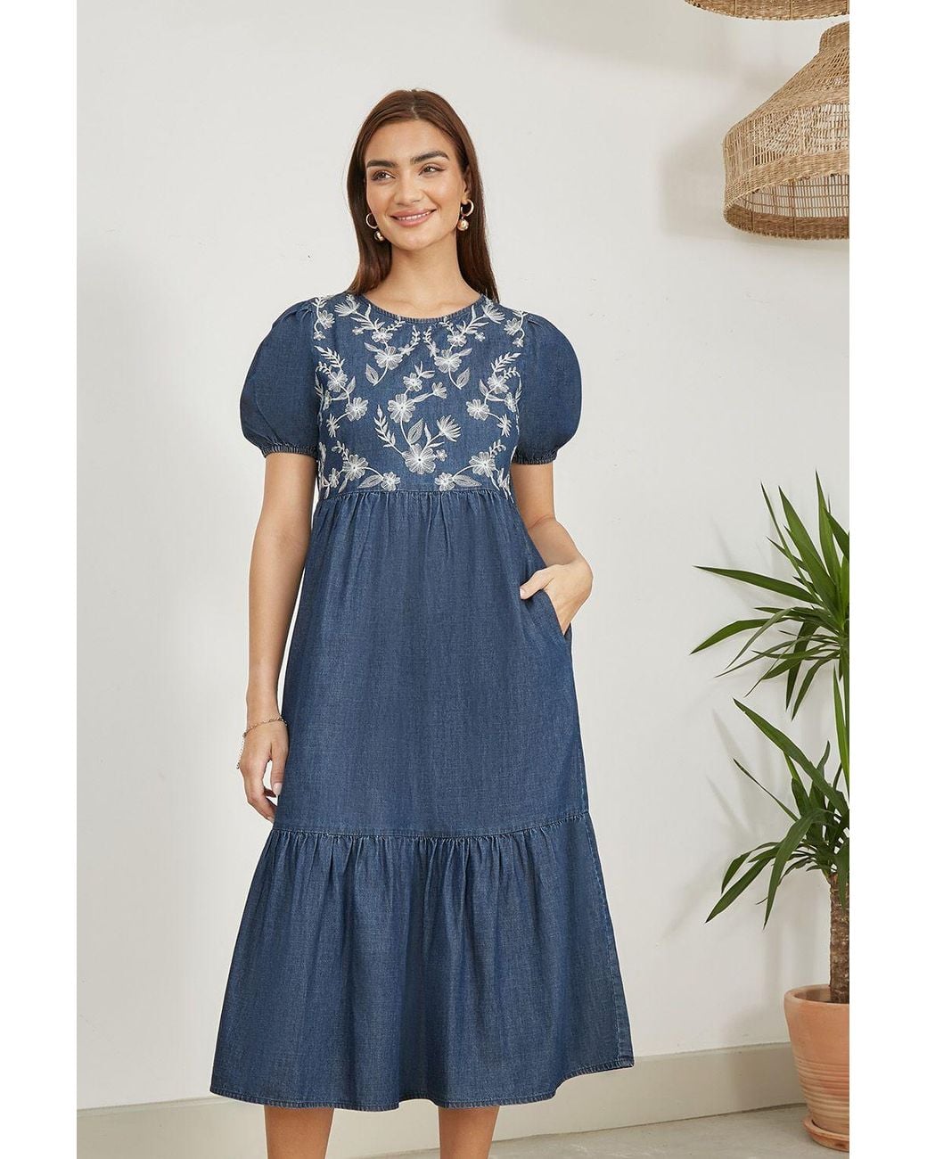 Yumi' Blue Chambray Denim Midi Dress With Embroidery & Puff Sleeves