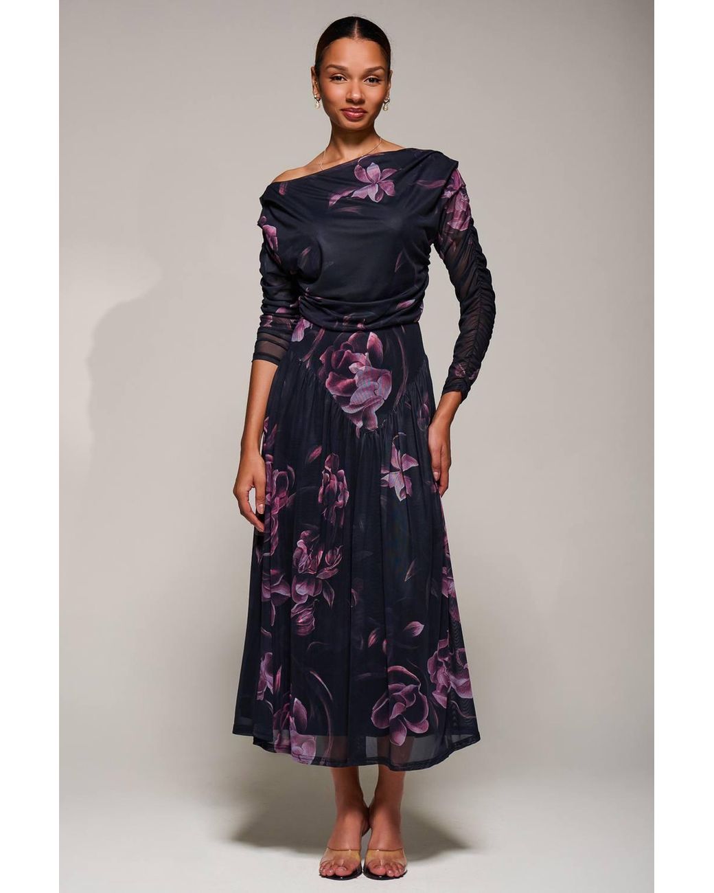 Jolie Moi Blue Long Sleeve Asymmetric Mesh Midi Dress