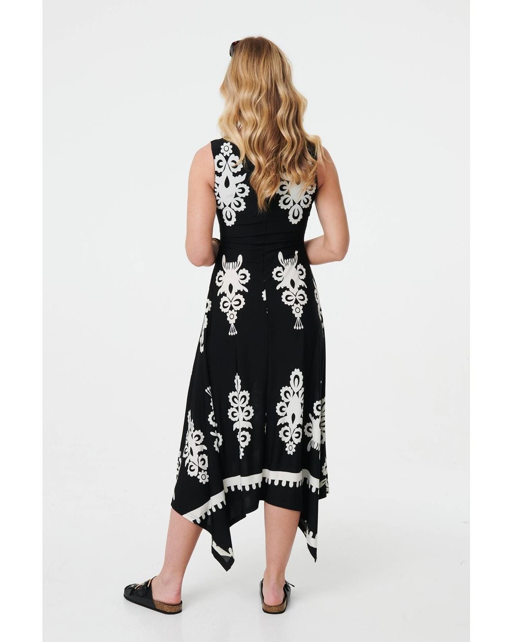Izabel London White Ikat Print Sleeveless A-Line Midi Dress