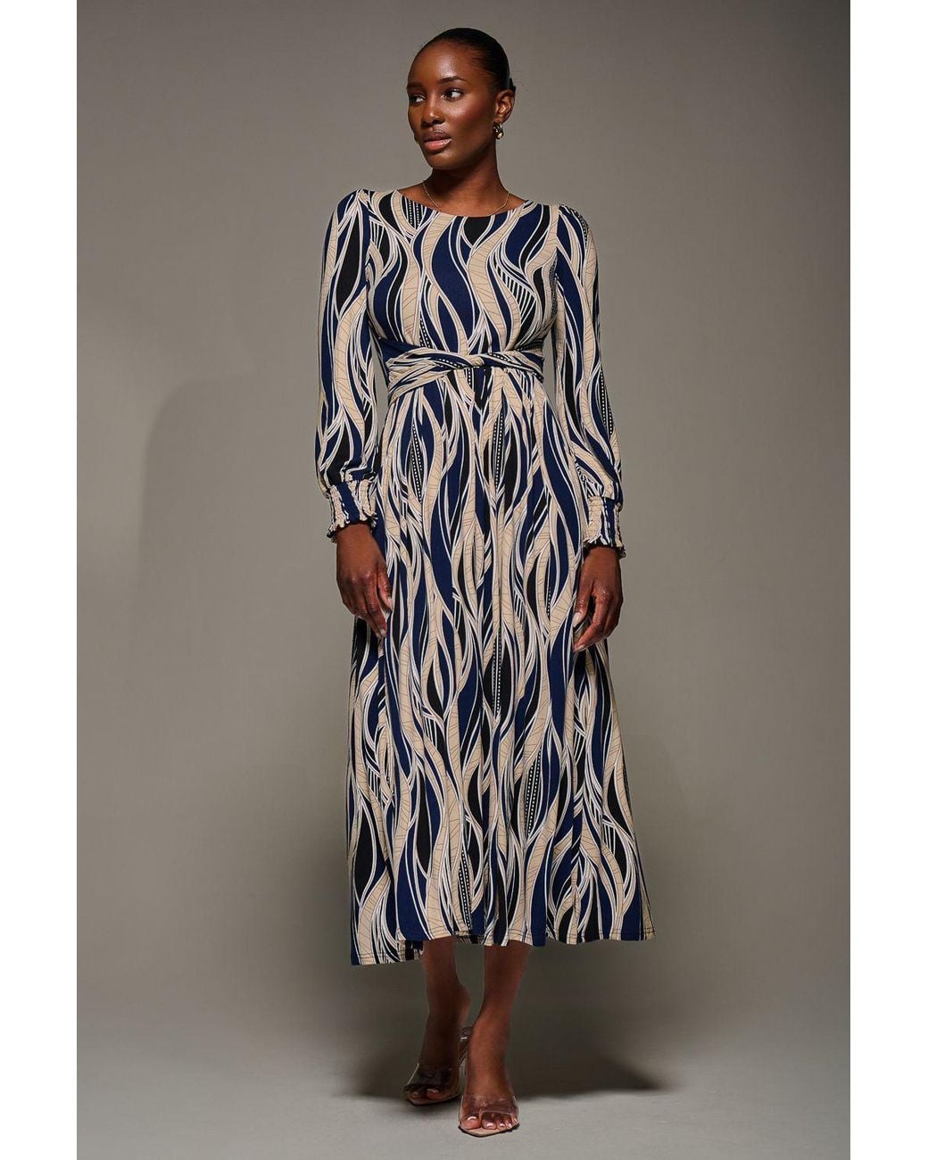 Jolie Moi Gray Jersey Belted Long Sleeve Maxi Dress