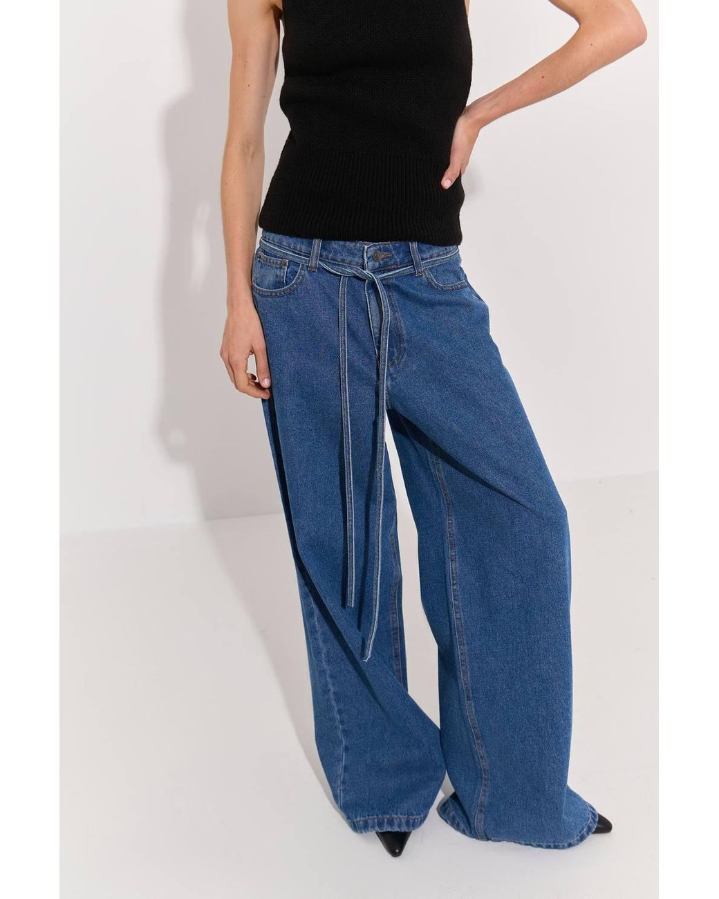 Warehouse Blue Tie Waist Wide Leg Denim Jean