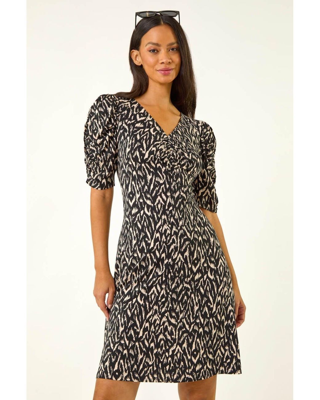 D.u.s.k Blue Abstract Print Front Ruched Dress