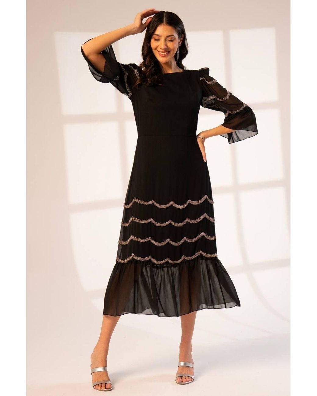 Rose & Nancy Black Georgie-Scalloped-Embellished-Dress