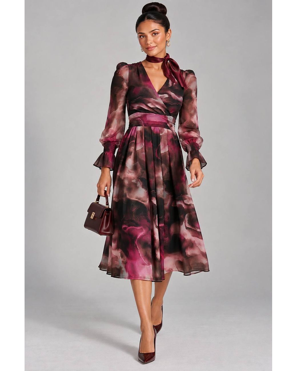Jolie Moi Red Long Sleeve Printed Mesh Midi Dress