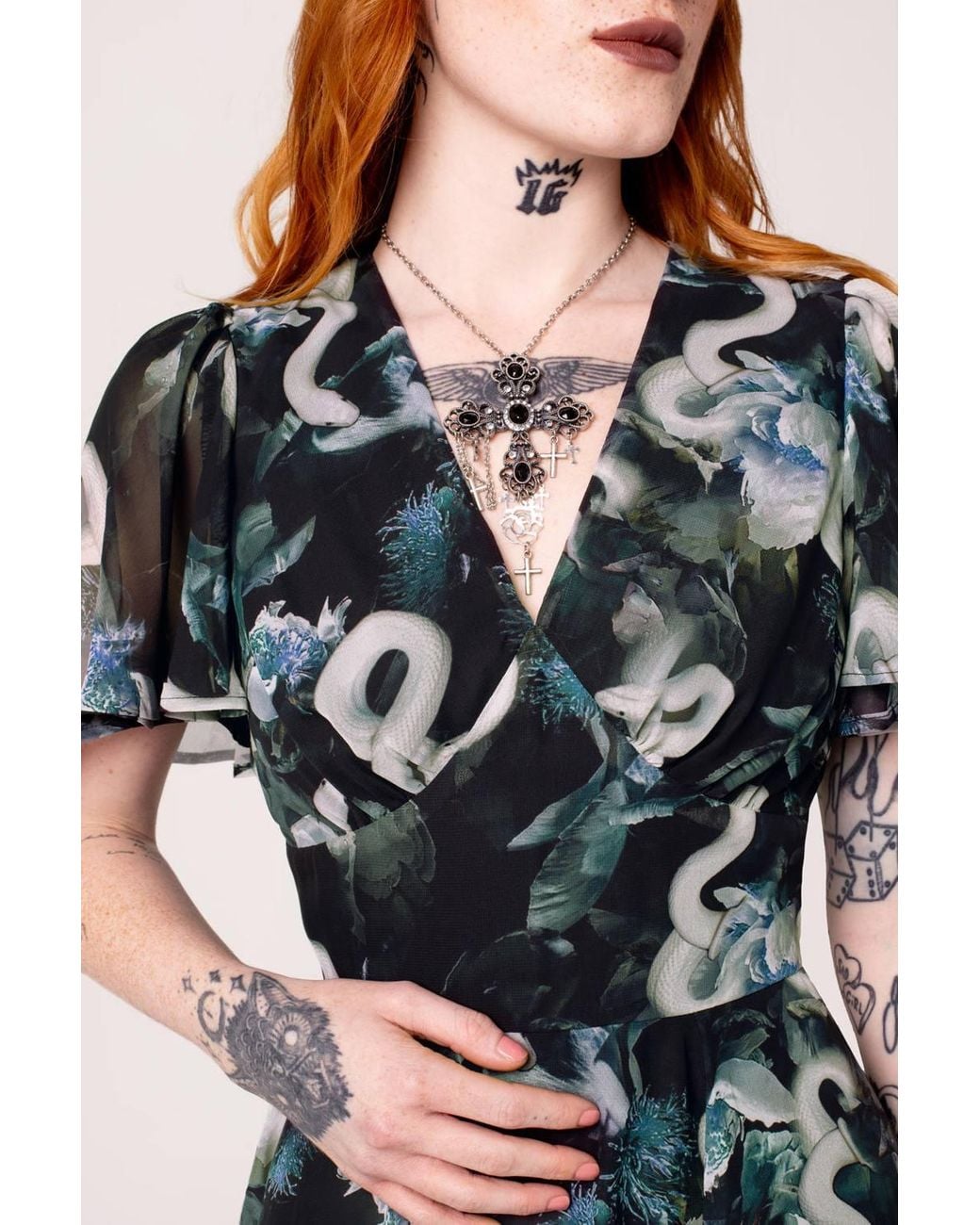 Hell Bunny Black Serpent Print Chiffon Dress With Flared Skirt & Draped Sleeves