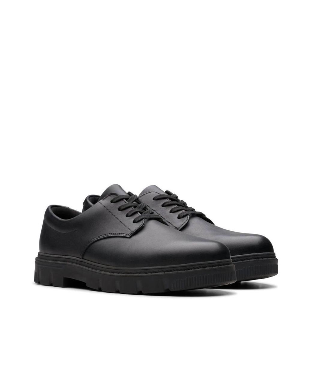Clarks Black Lorcam Loop Youth Leather Derby Shoes, Lace Up, School Shoes