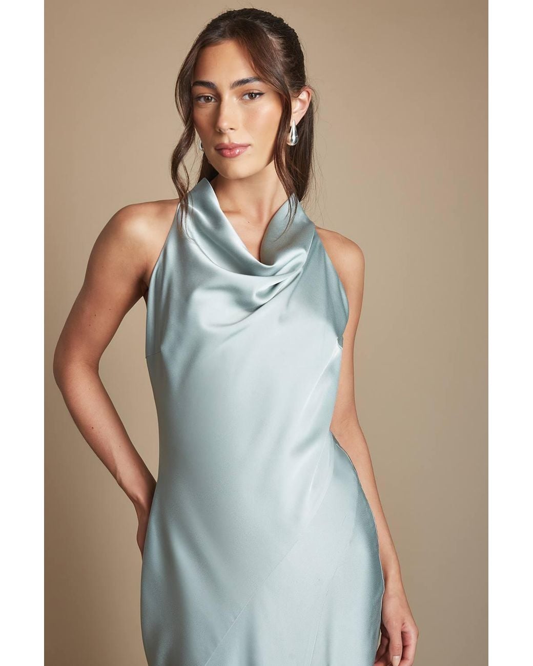 Oasis Green Cowl Halterneck Satin Maxi Bridesmaid Dress