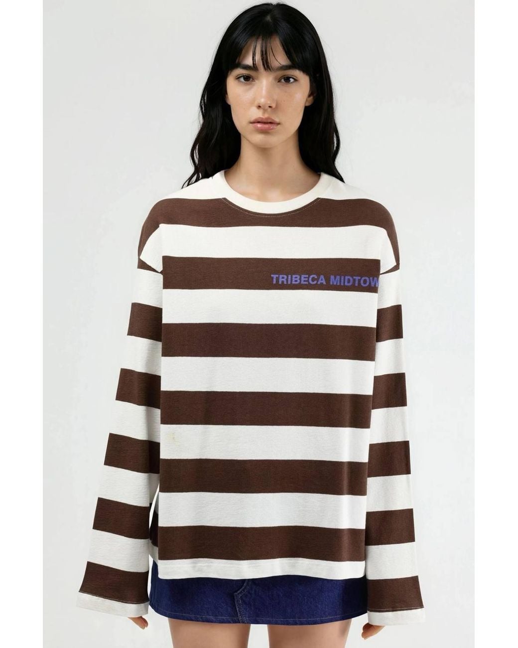 Busem White Oversized Striped Crew Neck Sweatshirt