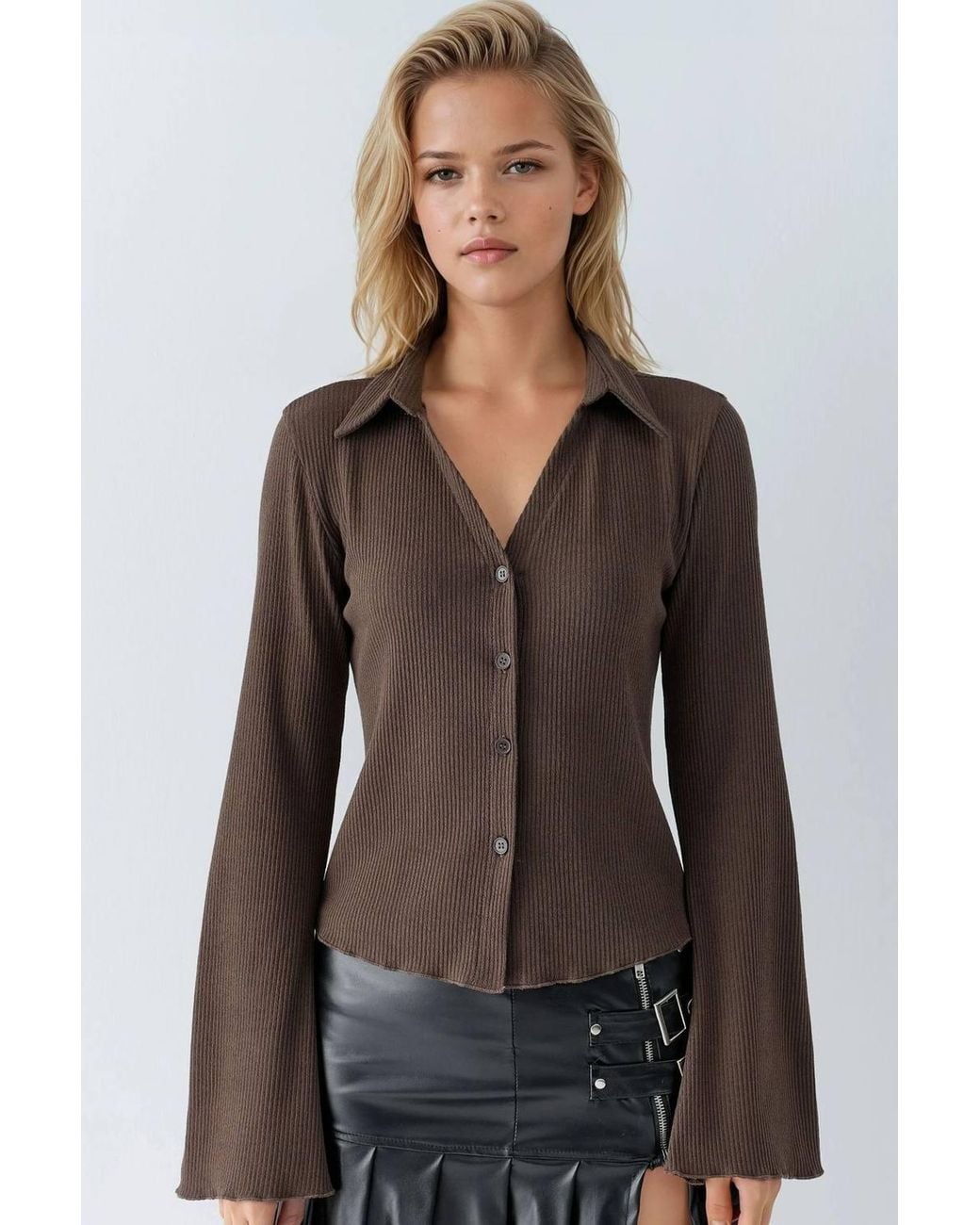 Hiccup Black Long Sleeve Textured Blouse With Button Closure