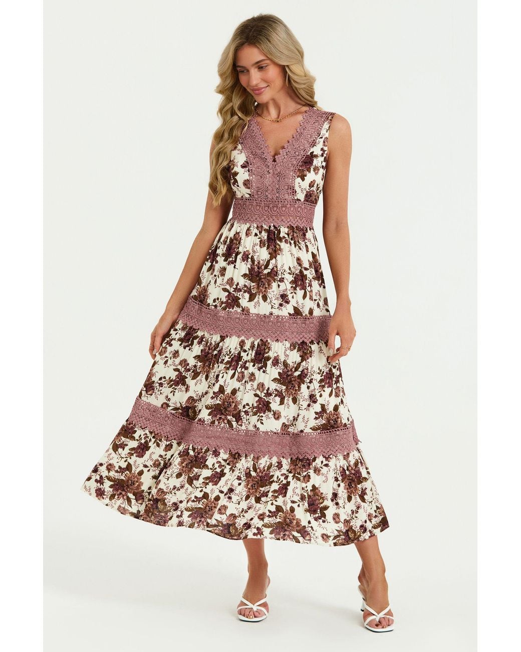 FS Collection White Floral Print Lace Detail Maxi Dress