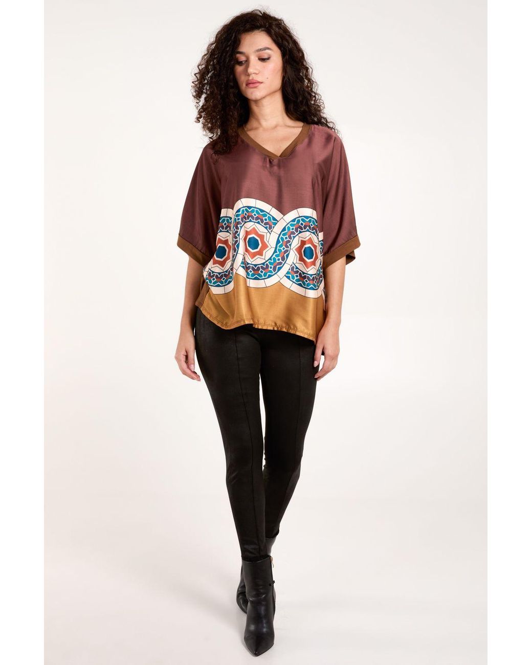 Blue Vanilla Brown Satin Viscose Back Print Top