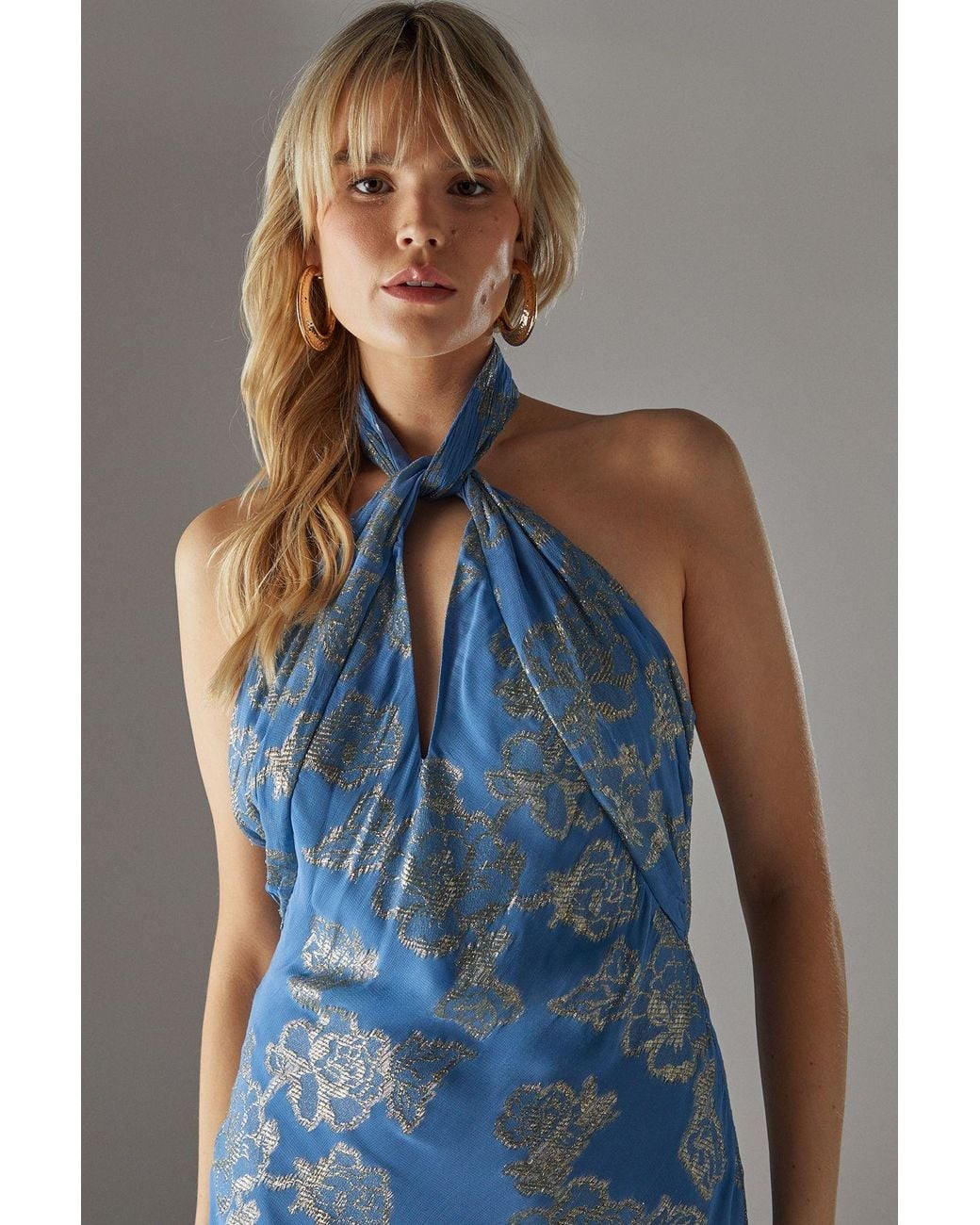 Warehouse Blue Metallic Chiffon Fringe Hem Halter Wrap Front Midi Dress