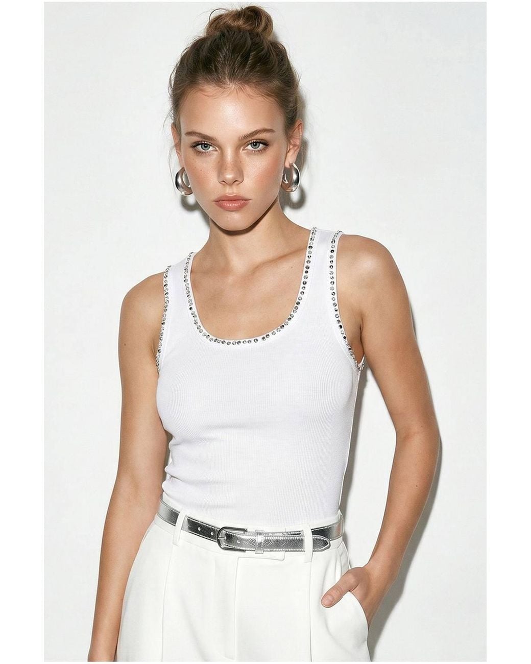 Bianco Lucci White Ribbed Cotton-Blend Fitted Cami Top