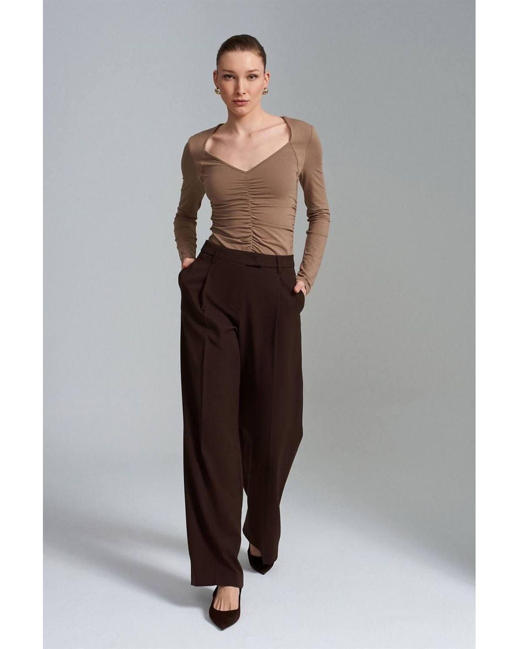 Dilvin Brown Slim Fit V-Neck Jersey Blouse