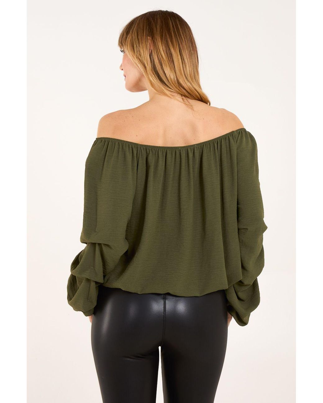 Blue Vanilla Green Bardot Elasticated Ruched Sleeve Top