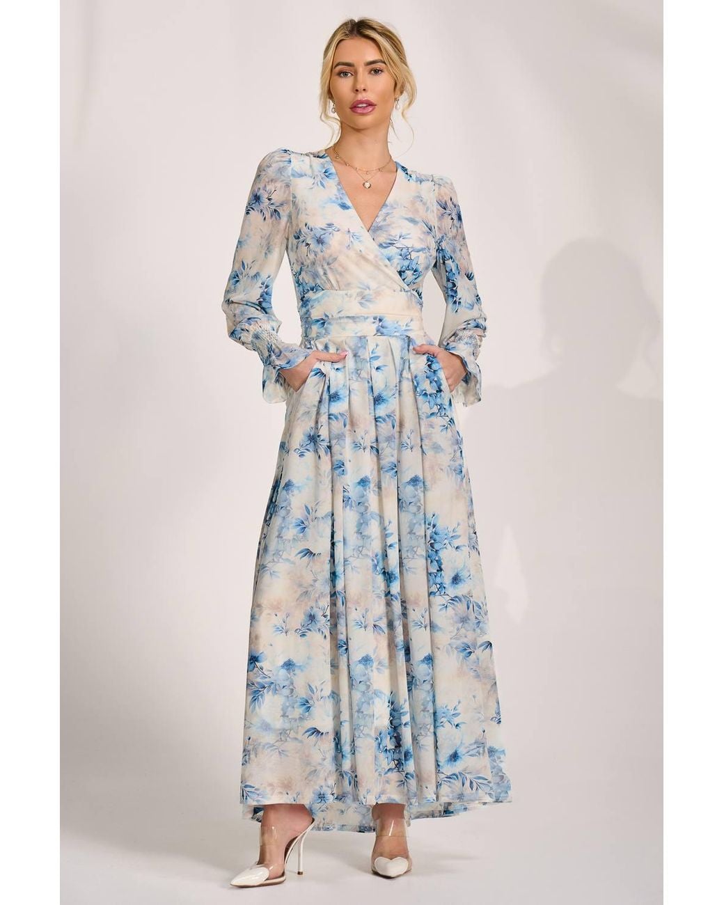Jolie Moi Blue Long Sleeve V Neck Mesh Maxi Dress