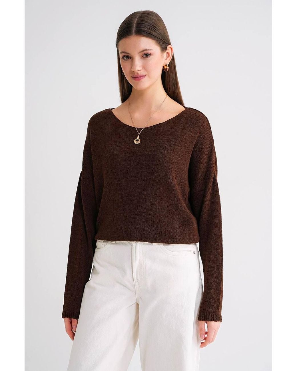 MixRay Brown Oversized Boat Neck Knit Sweater