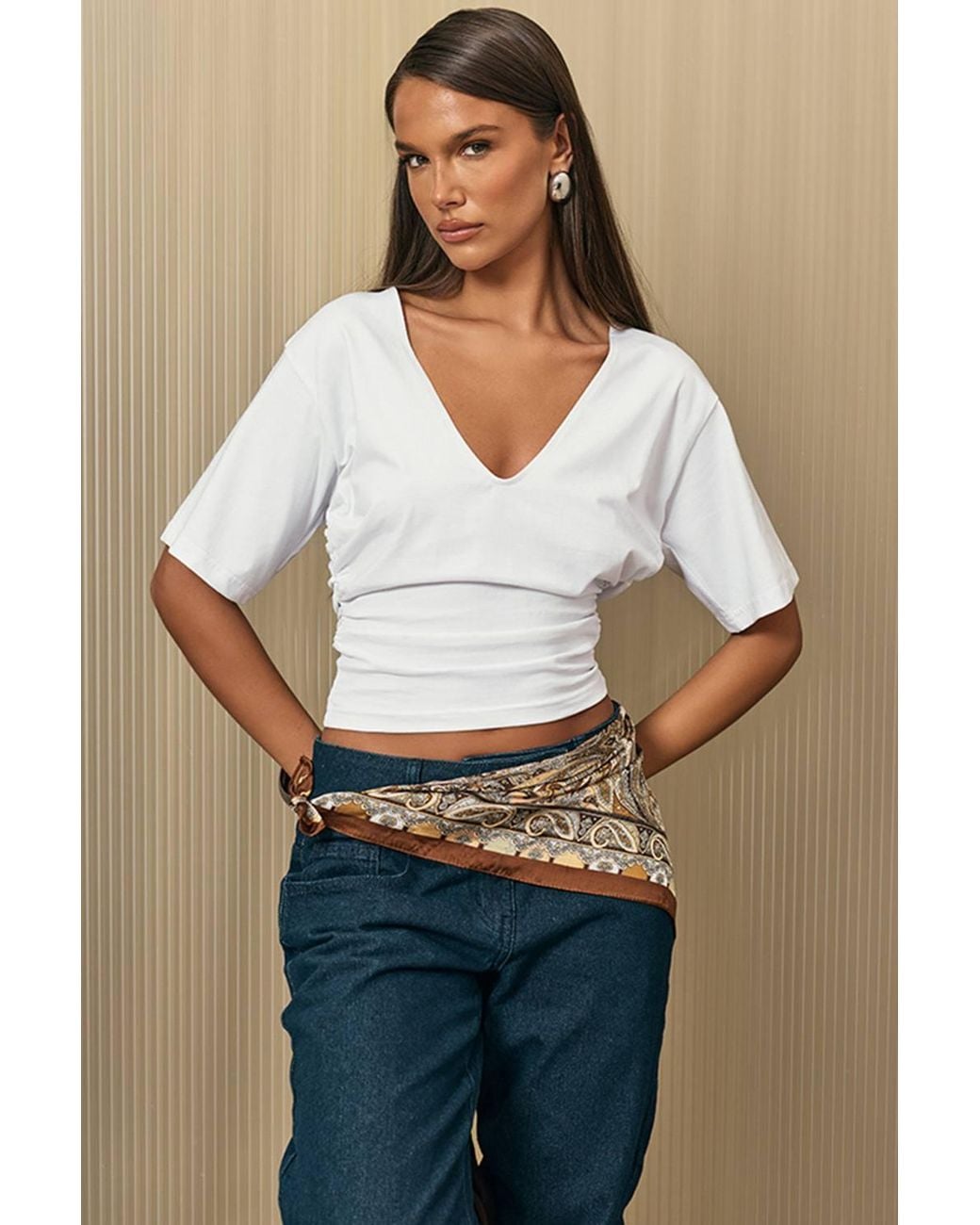 EGO White Short Sleeve V-Neck Top