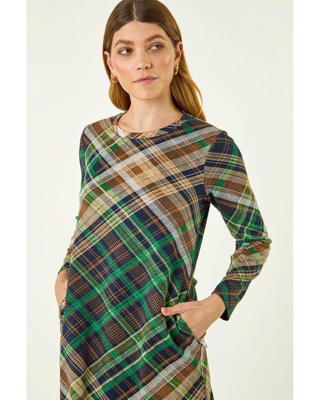Roman Green Check Print Swing Pocket Dress