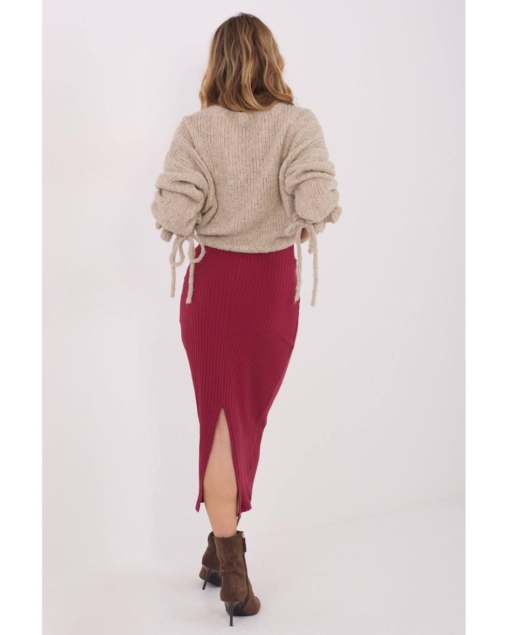 Love Lace Red Knitted Midi Skirt With Slit Ribbed Cotton